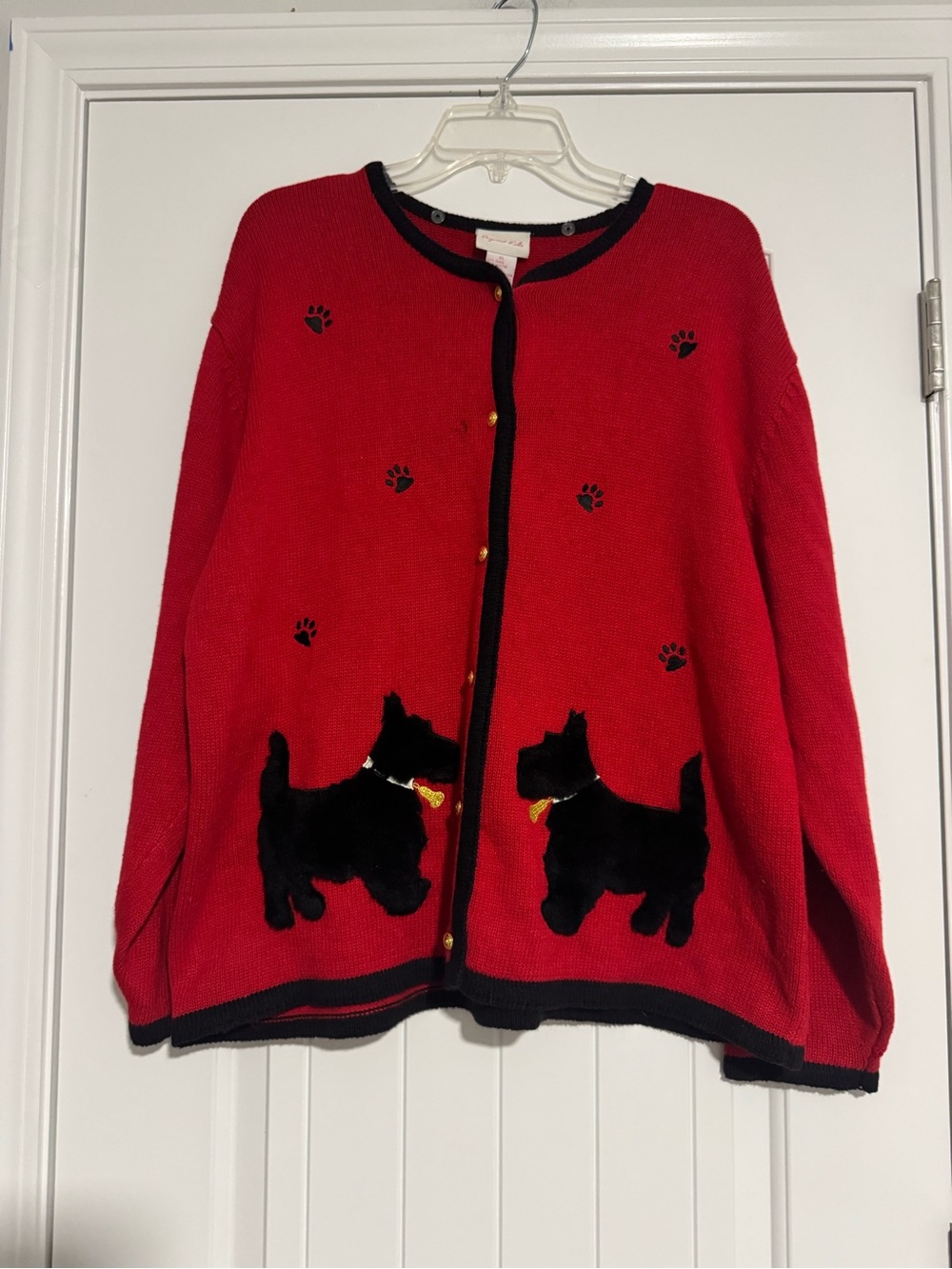Red Women's Cardigan with Black Scottie Dog Appliqués